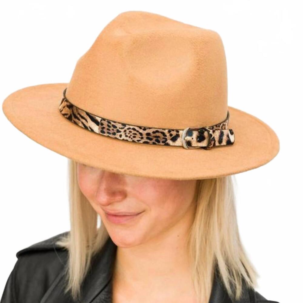 NEW ELLISON+YOUNG women's leopard band fedora hat in camel